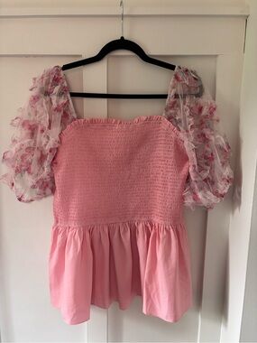 ChicSoul Pink Smocked Peplum Top with Floral Puff Sleeves 1XL